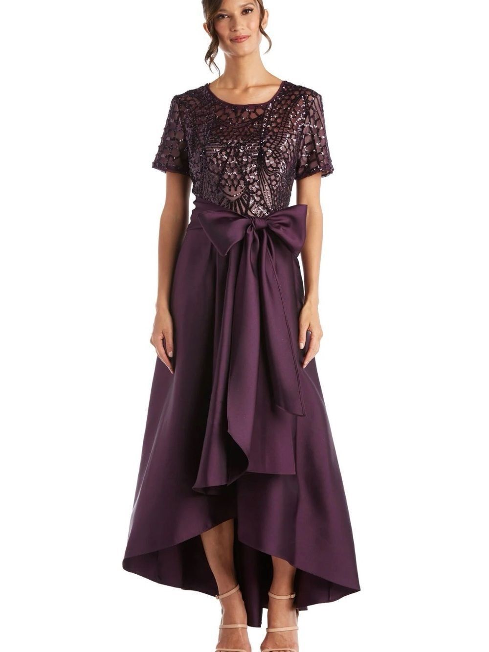 Marina Plum Sequin Bodice High-Low Gown with Bow and Pockets